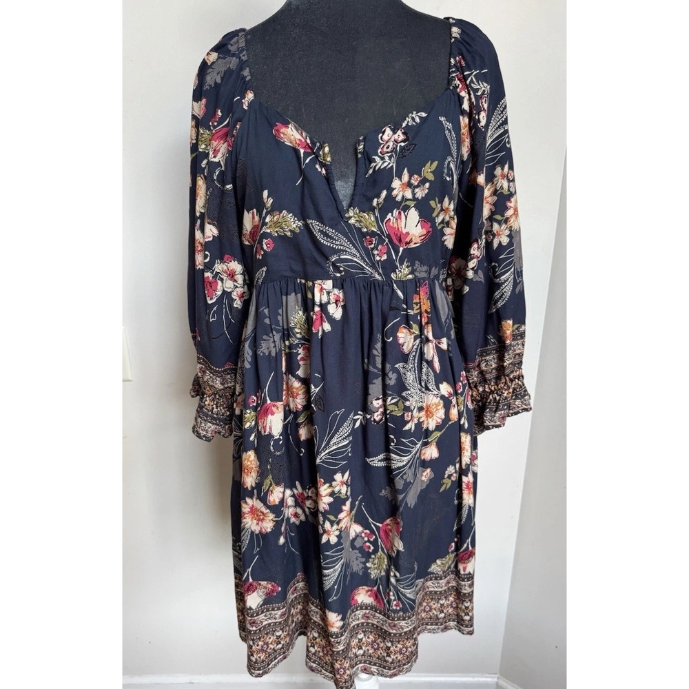 Boho Floral Babydoll Mini Dress L Navy Cottagecore Spring Festival Fairy - Picture 2 of 16